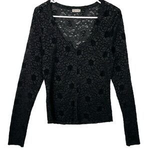 Intimately Free People Floral Black Lace Burnout Velvet V-Neck Top Size Large